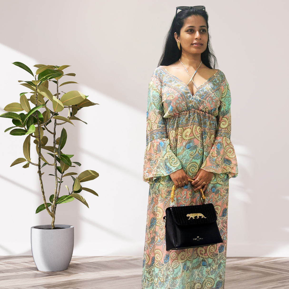 Ethereal Grace Silk Gown – Pastel Peach & Green with Shiny Jaipuri Print