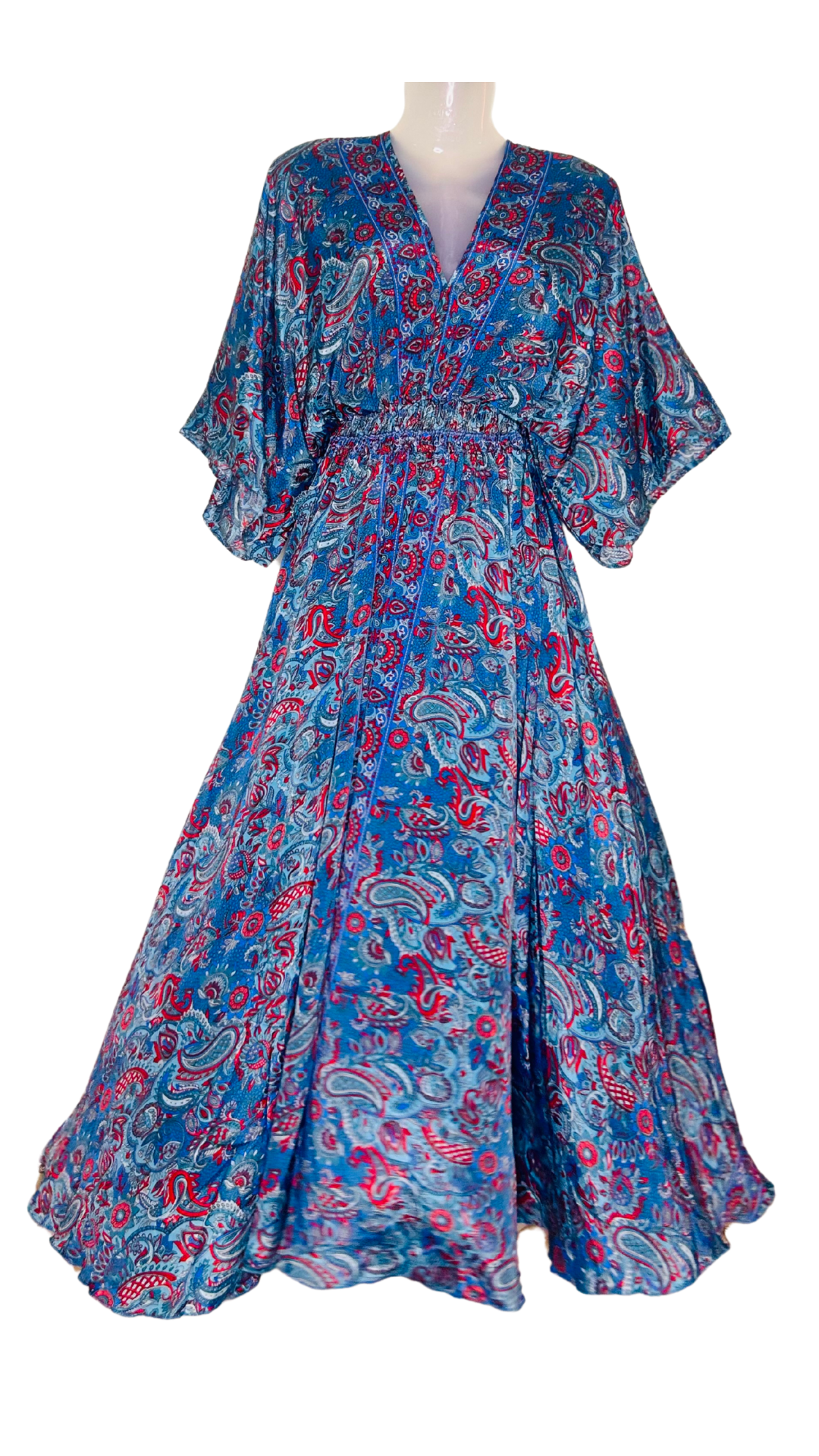 ππΈ Dark Blue Silk Kaftan with Pink Floral Elegance πΈπ