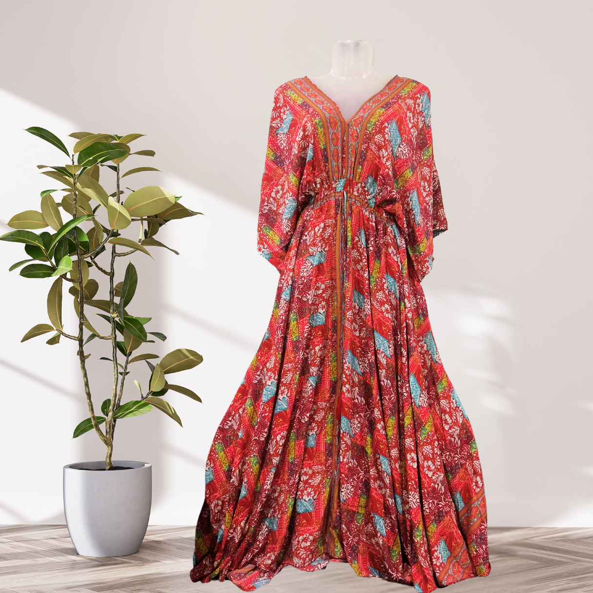 Royal Red Silk Kaftan – Long, Flowy with Blue Design