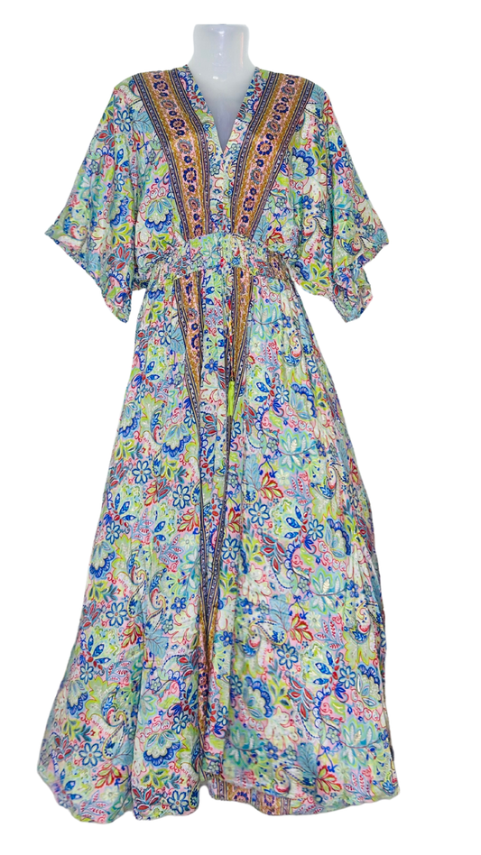 Floral Glow Silk Kaftan – White & Blue with Fluorescent Petals & Front Dori