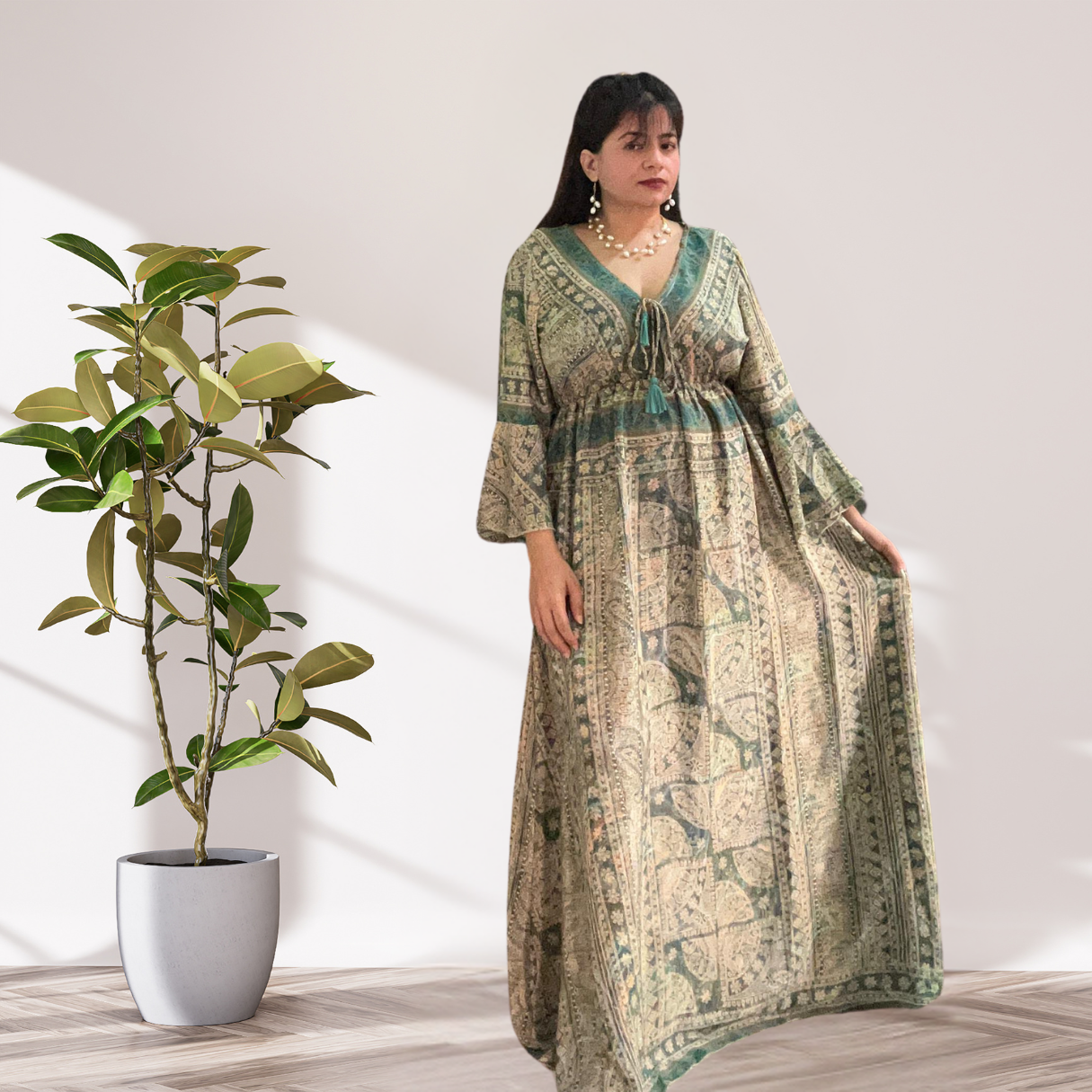 Royal Charm Silk Kaftan – Beige with Green Print & Front Dori