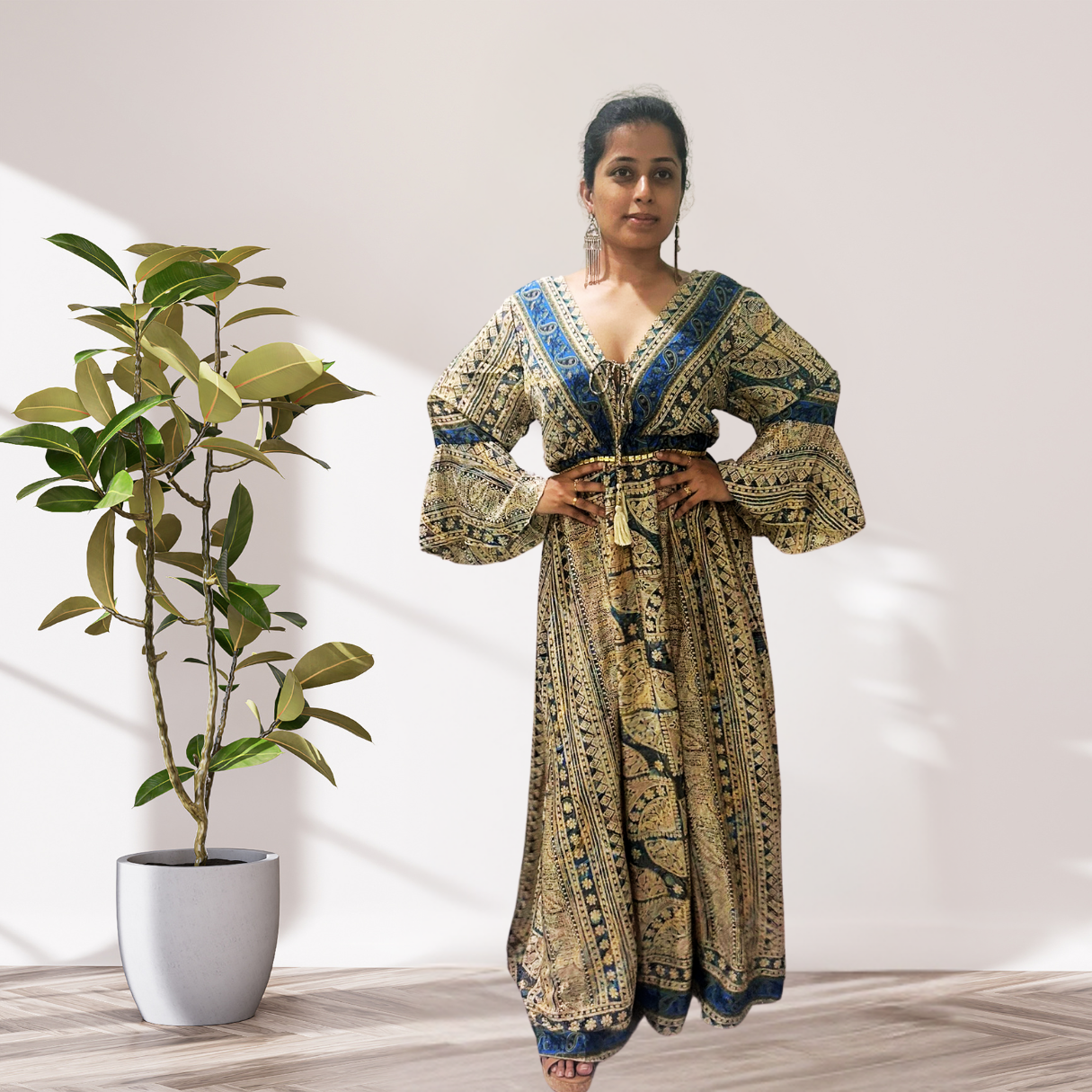 Regal Glow Silk Kaftan – Beige & Blue with Jaipuri Print & Dori Detail