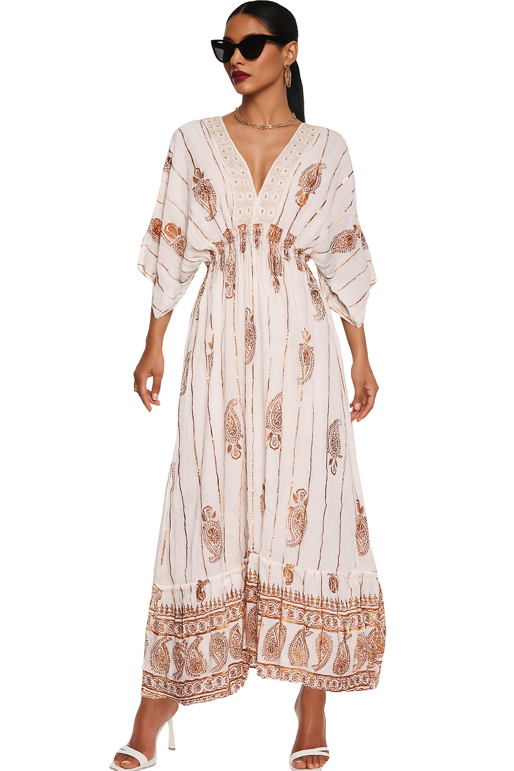Ivory Paisley Cotton Kaftan Gown with Inner Lining