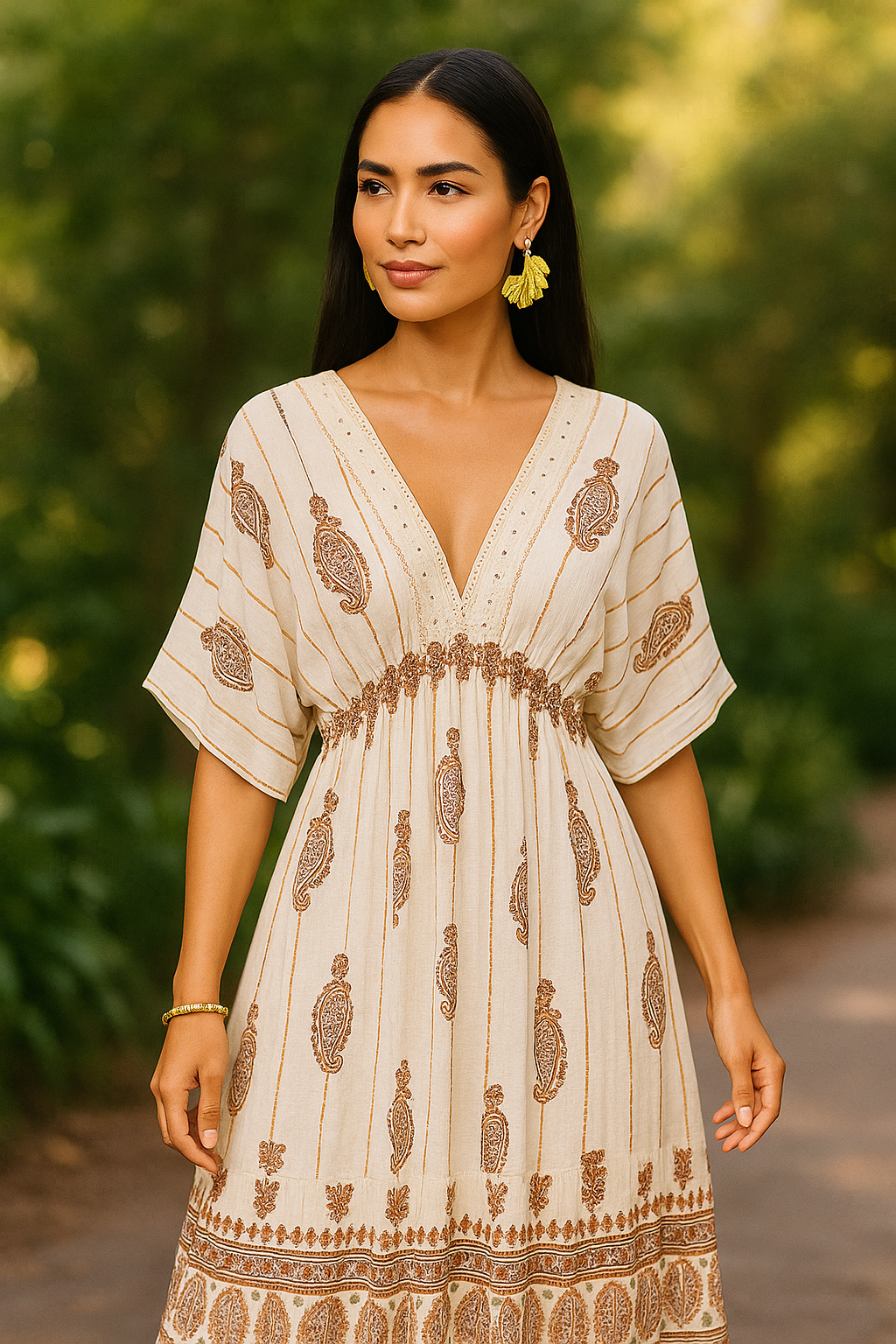 Ivory Paisley Cotton Kaftan Gown with Inner Lining