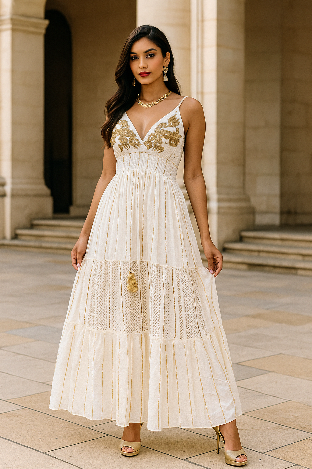 Ivory Elegance – Beaded Cotton Strap Gown