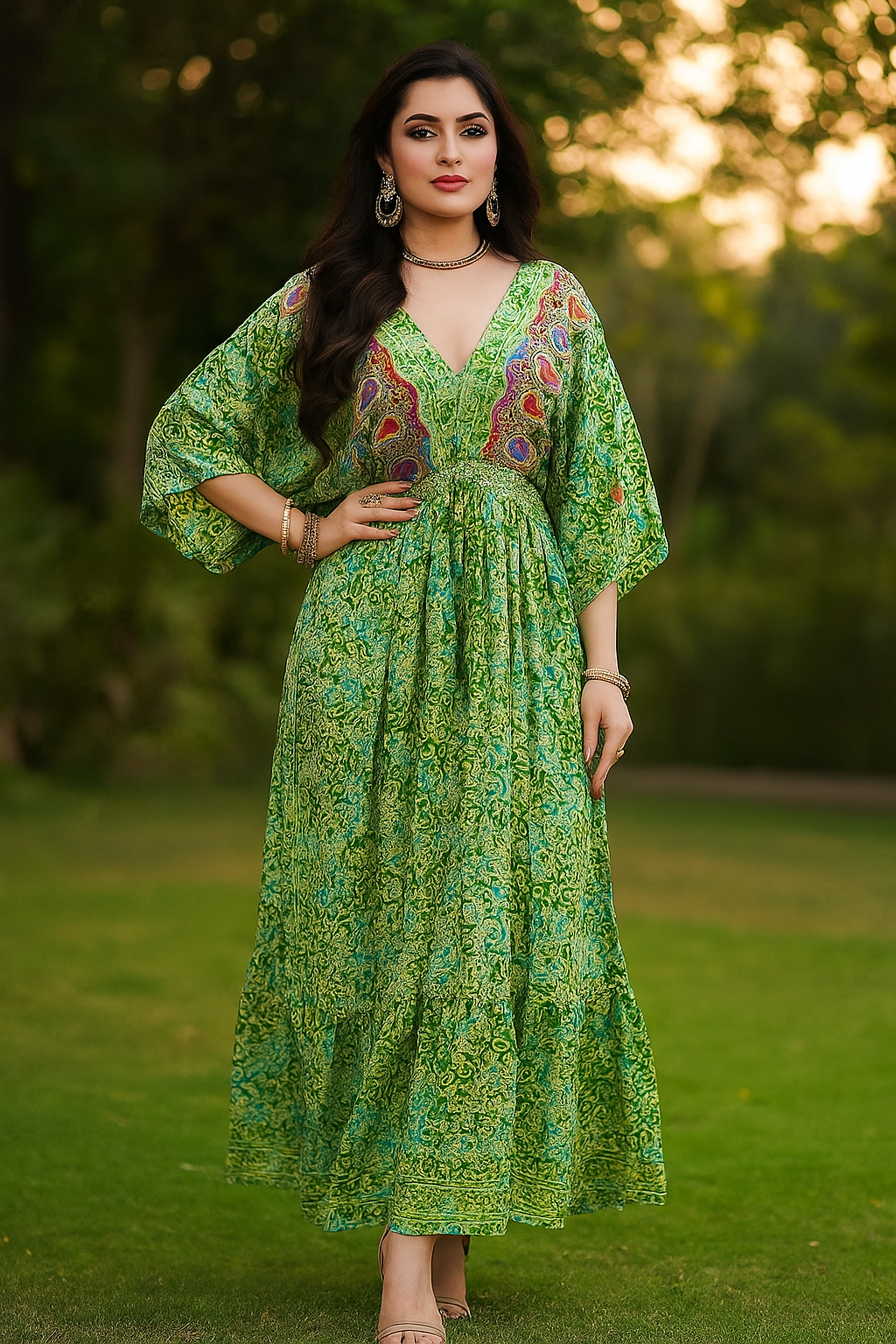 Fresh Grass Green Kaftan Gown