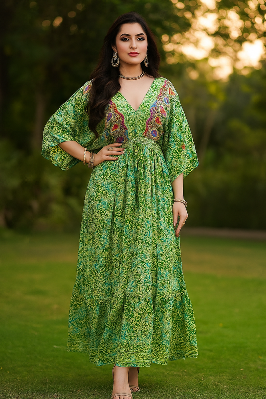 Fresh Grass Green Kaftan Gown