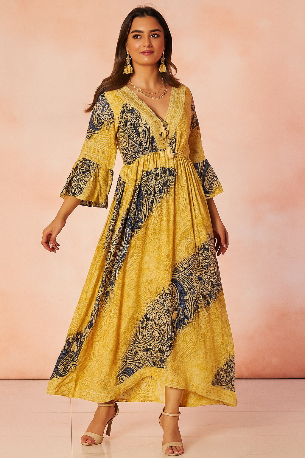 Regal Harmony Jaipuri Silk Kaftan – Beige & Blue with Long Sleeves