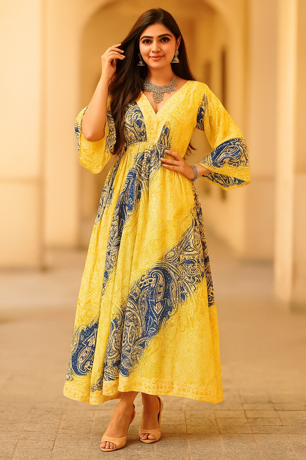 Regal Harmony Jaipuri Silk Kaftan – Beige & Blue with Long Sleeves