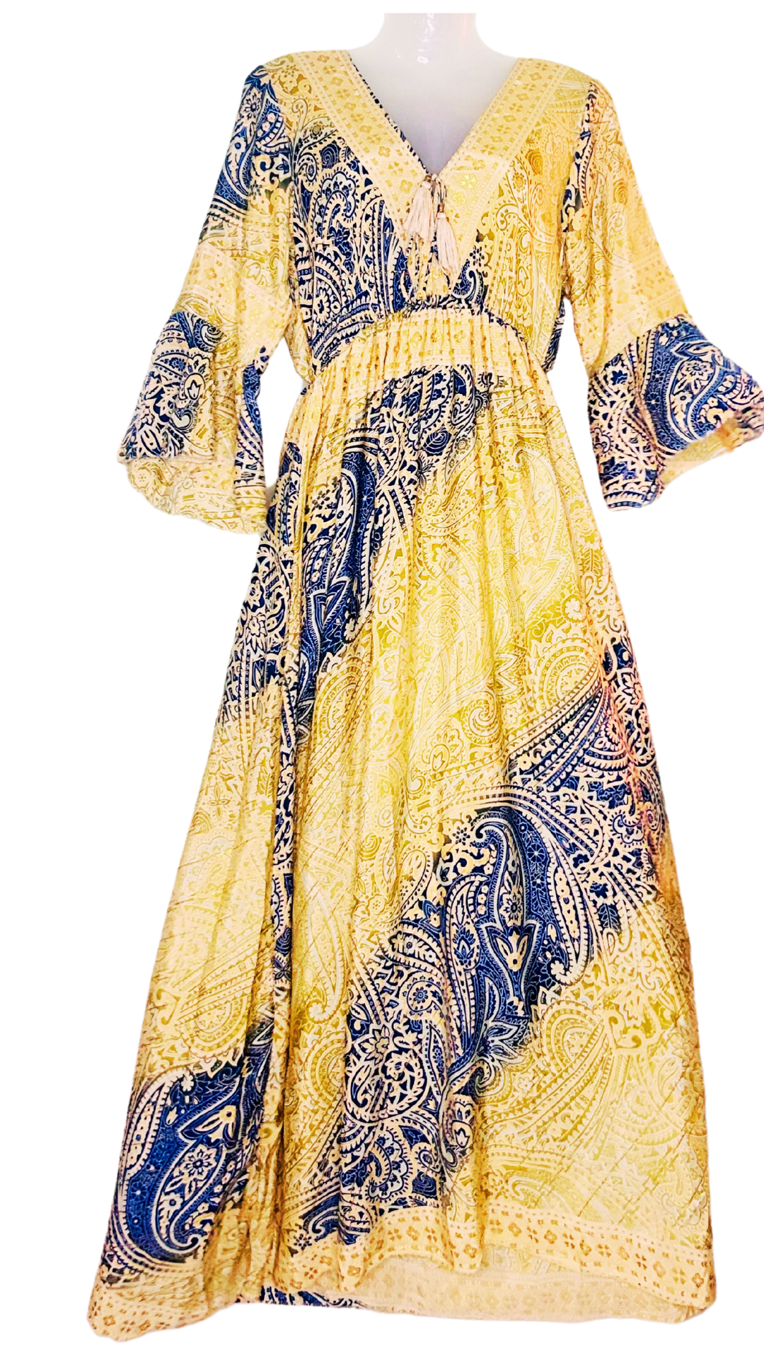 Regal Harmony Jaipuri Silk Kaftan – Beige & Blue with Long Sleeves