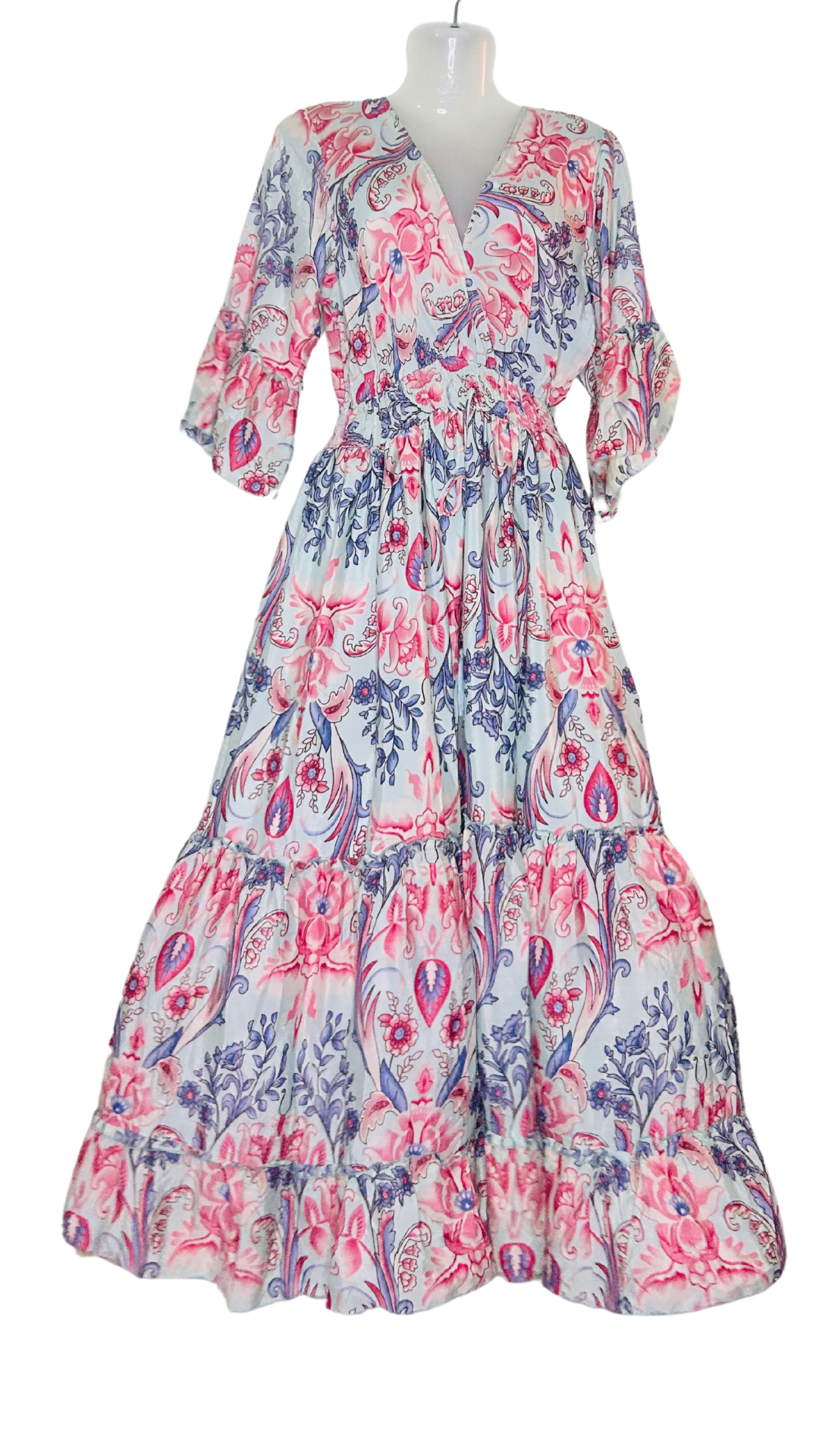 Elegant Bloom Silk Kaftan – White with Black & Red Floral Print