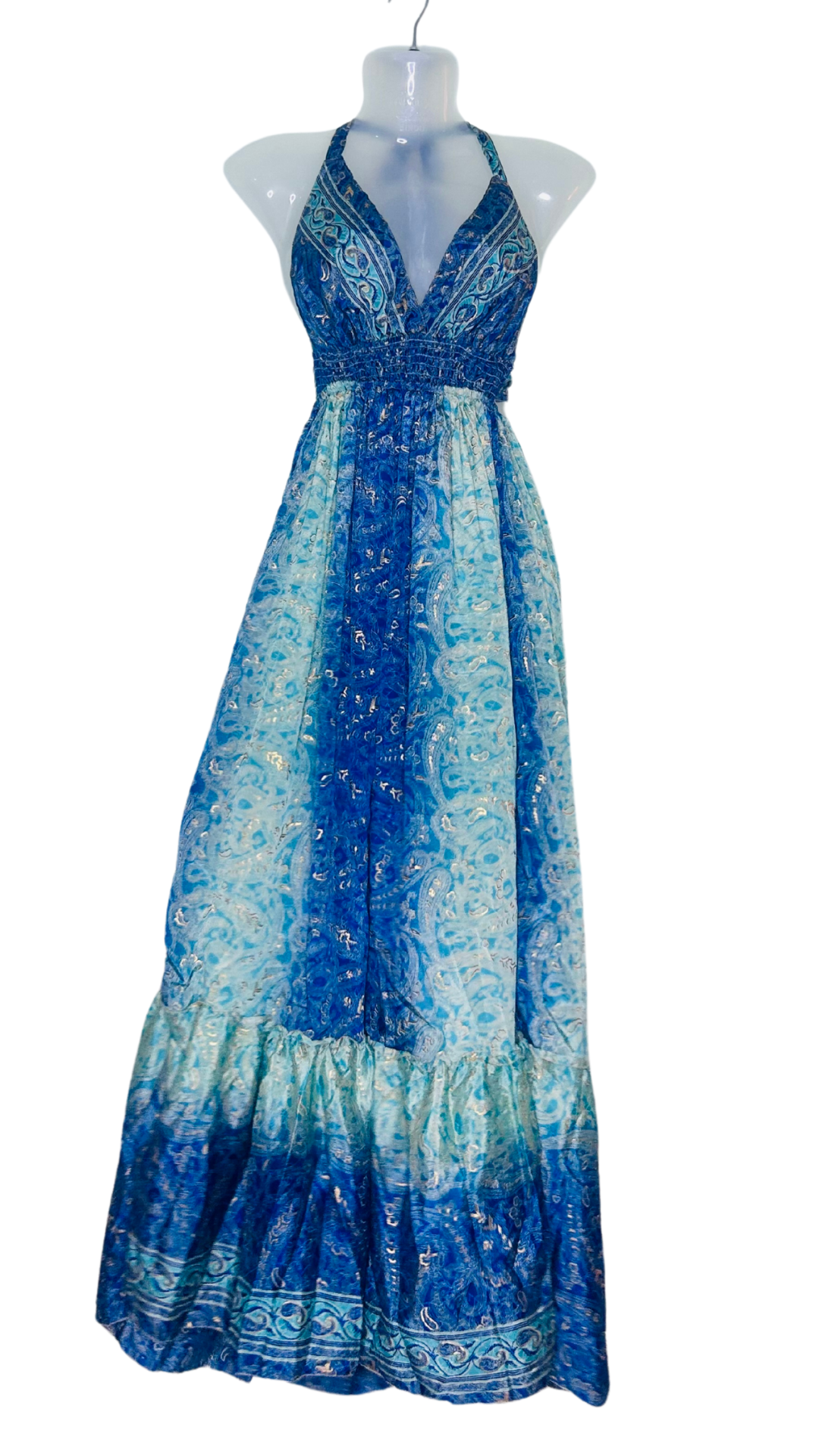 Moonlit Elegance Halter Neck Silk Dress – Midnight Blue with Back Tie