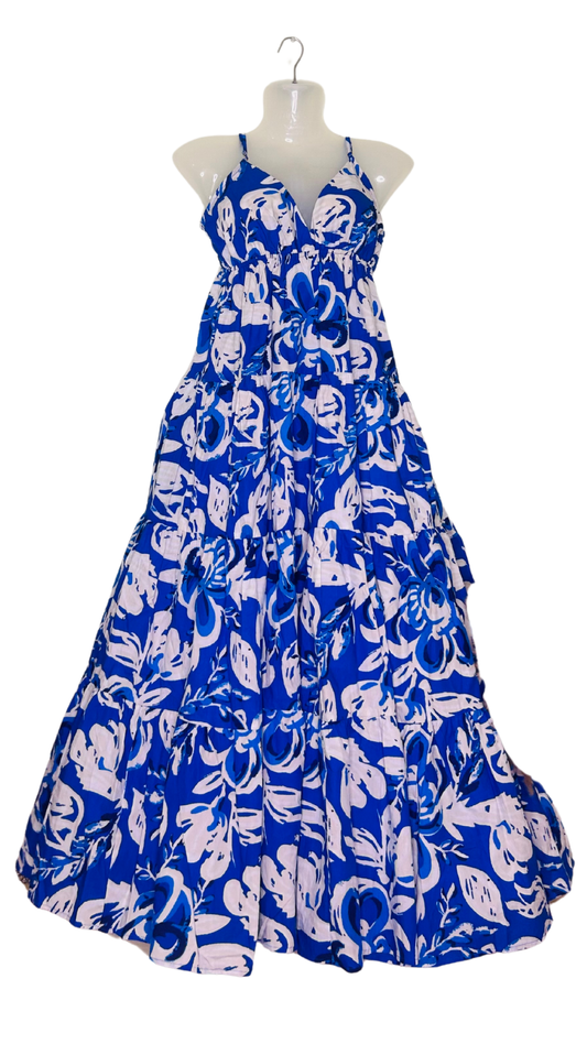 Serene Breeze Cotton Flare Dress – White with Blue Print