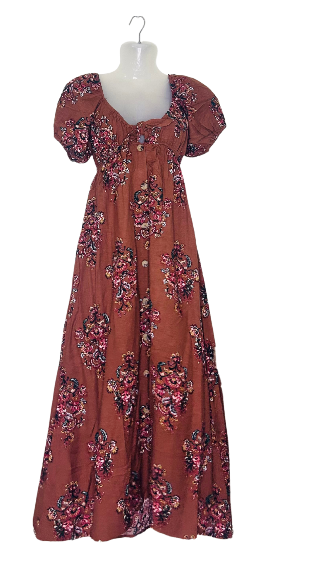 Autumn Bloom Cotton Button-Down Dress – Brown with Floral Bouquets & Chest Bow