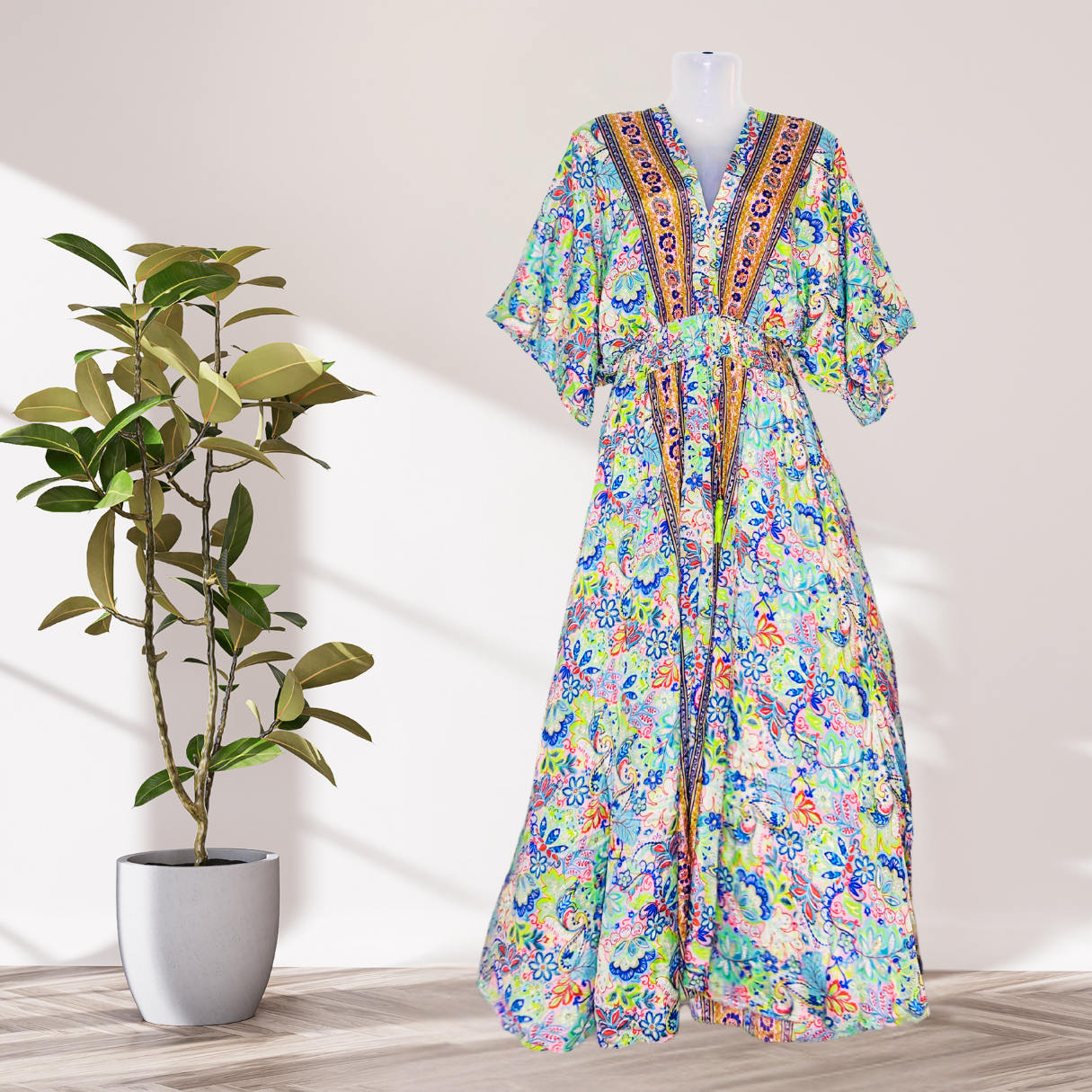 Floral Glow Silk Kaftan – White & Blue with Fluorescent Petals & Front Dori