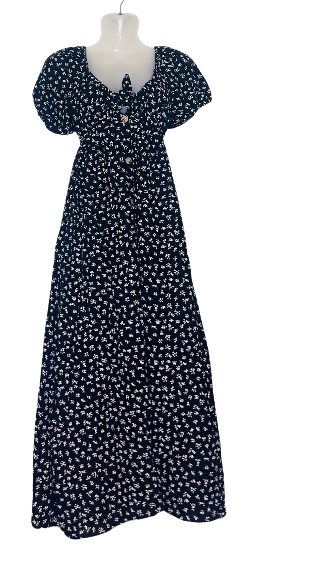 Breezy Blossom Cotton Dress – Black with White Flowers & Front Bow