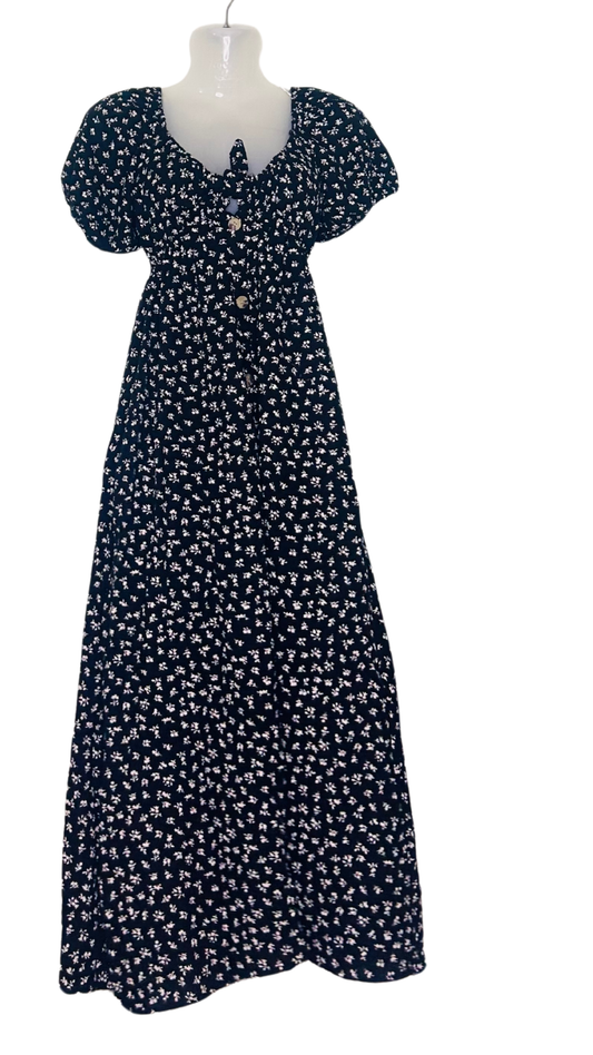 Breezy Blossom Cotton Dress – Black with White Flowers & Front Bow