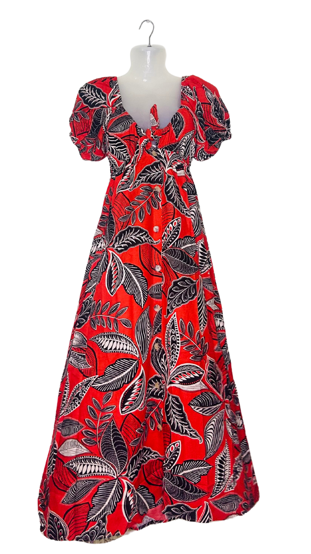 Sunset Bloom Cotton Dress – Orange with Black Leaves