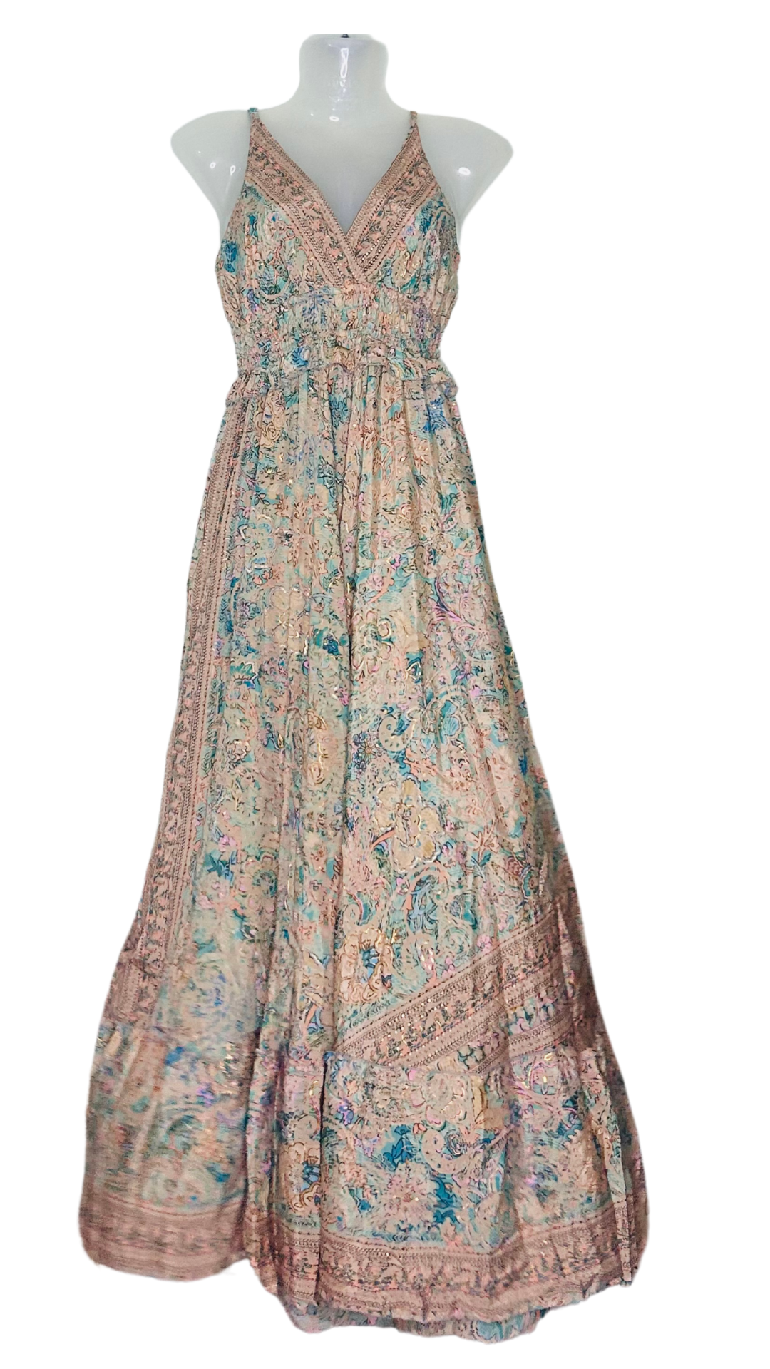 Golden Elegance Silk Gown – Gold with Green Petals & Frill Waist