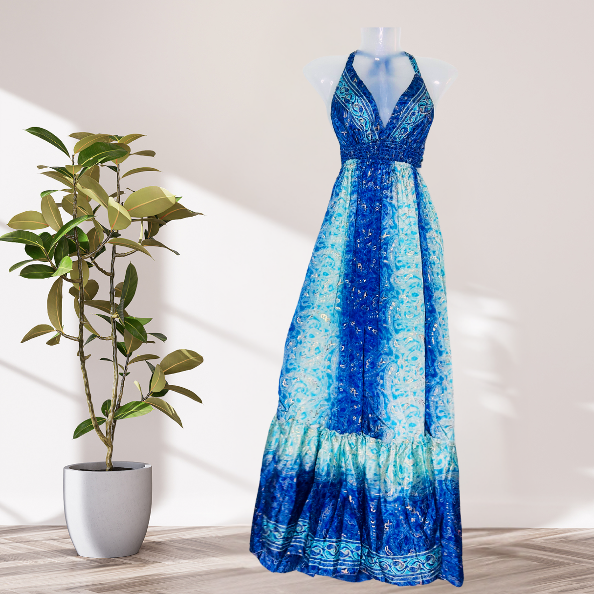 Moonlit Elegance Halter Neck Silk Dress – Midnight Blue with Back Tie