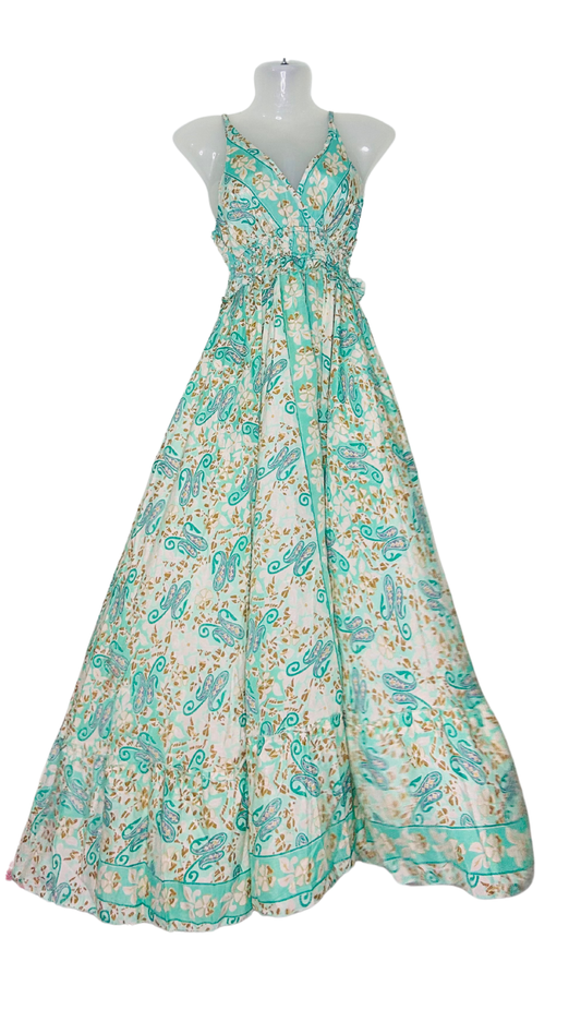 Ethereal Bloom Silk Gown – Light Green with White Flowers & Frill Waist