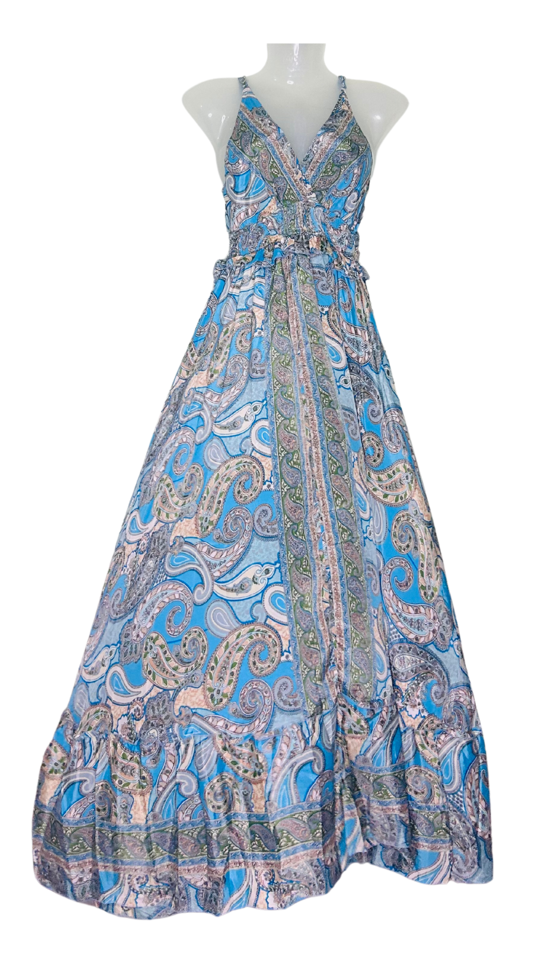 πβ¨ Grey-Blue Strappy Flare Gown with Waist Frill β Grace in Motion β¨π