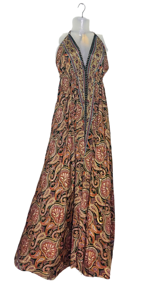 Jaipuri Boho Silk Gown – Brown Halter Neck Flare Dress