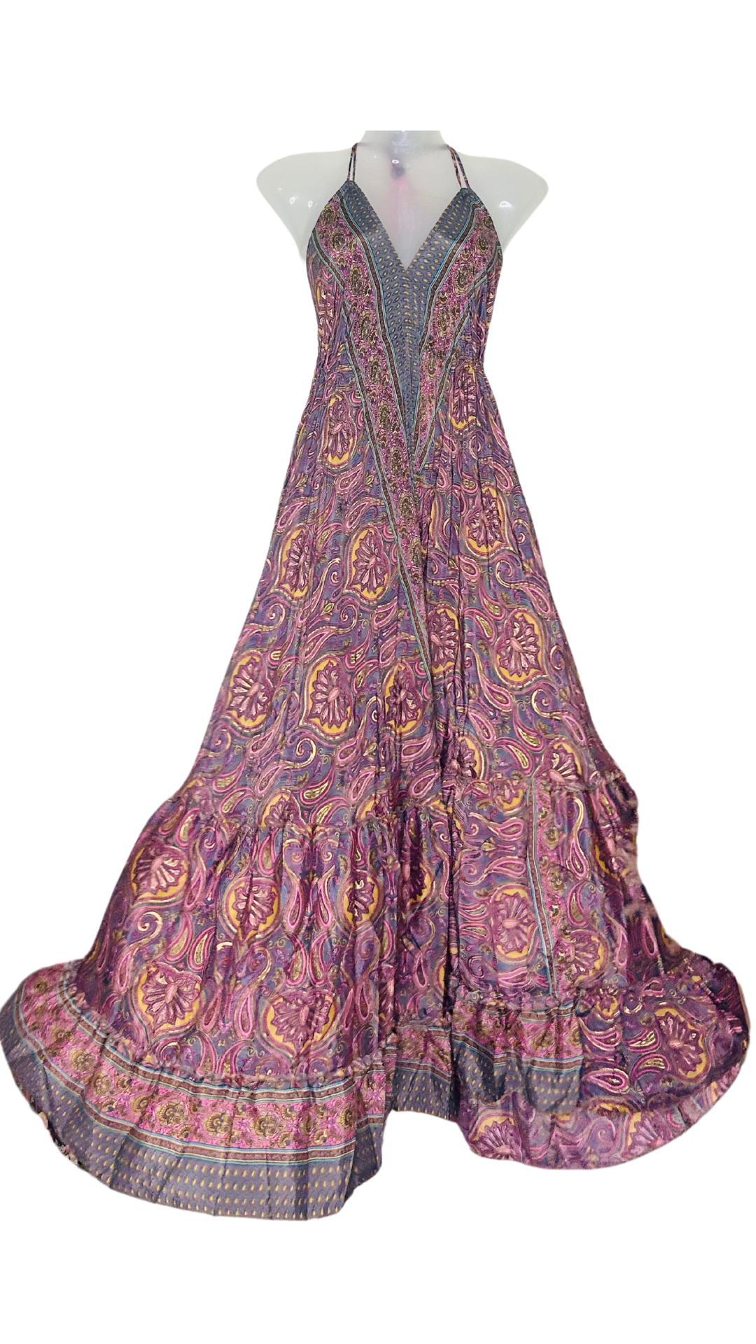 Jaipuri Boho Silk Gown – Maroon Halter Neck Flare Dress