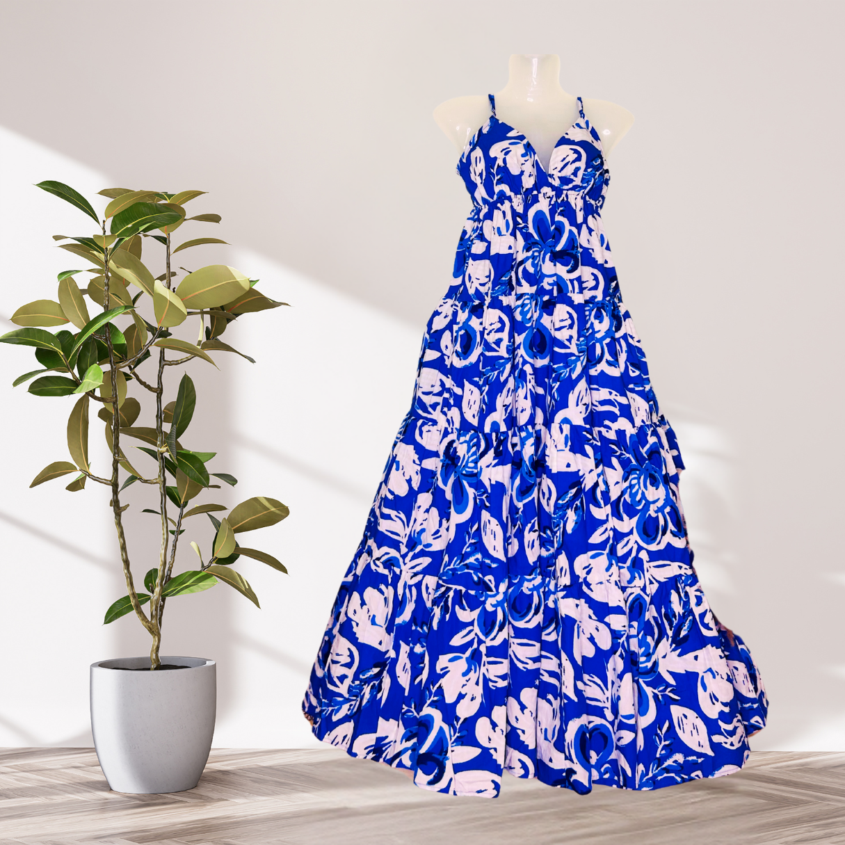 Serene Breeze Cotton Flare Dress – White with Blue Print