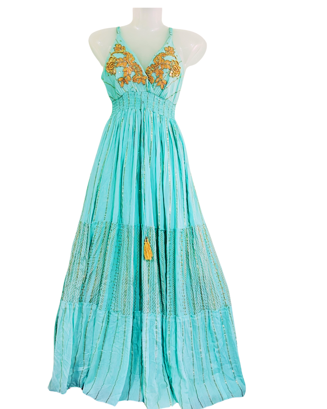Golden Tide – Sea Green Cotton Strap Gown