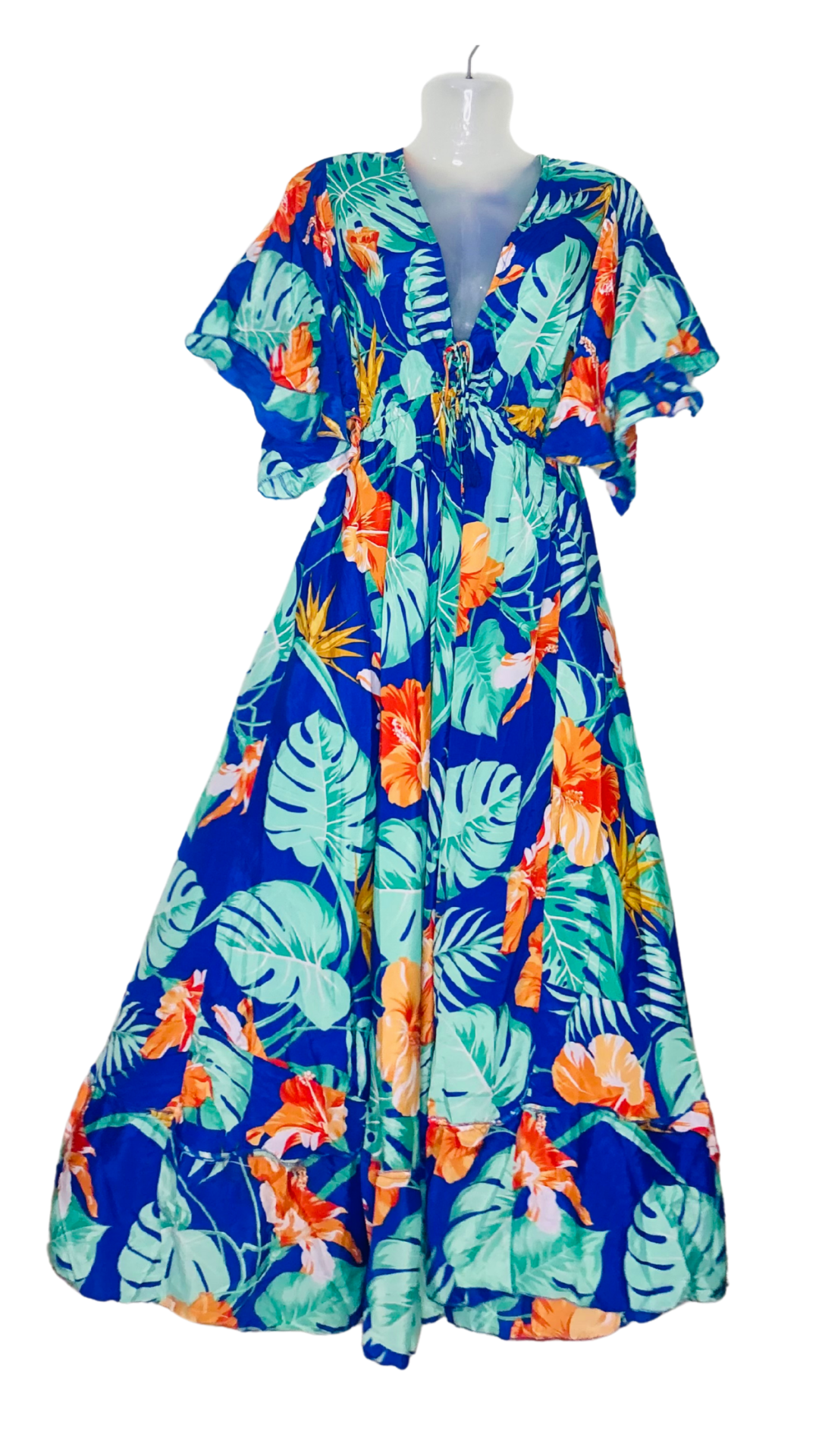 Hawaiian Breeze Silk Flare Kaftan – Dark Blue with blue Botanical Leaves & Pink Flowers