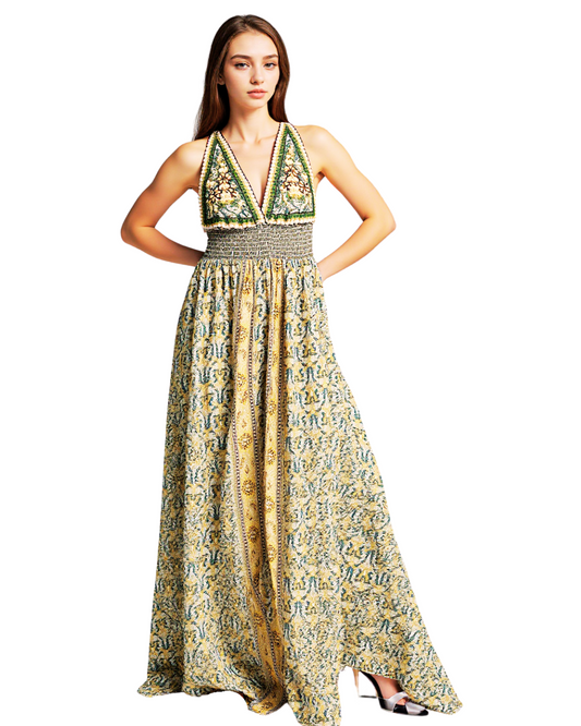 Sun-Kissed Halter Neck Boho Maxi Dress