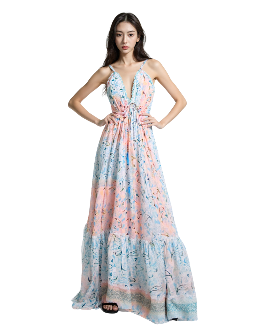 Pastel Coral & Sky Blue Printed Boho Maxi Dress