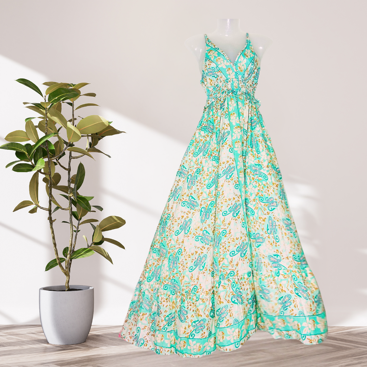 Ethereal Bloom Silk Gown – Light Green with White Flowers & Frill Waist