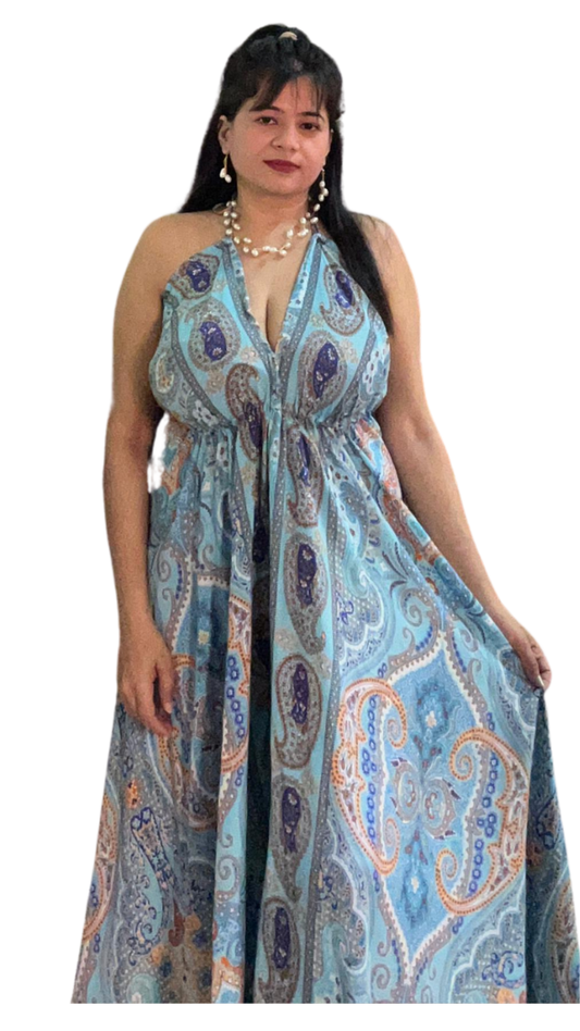 Water Blue Beach Halter Neck Strap Flowy Dress with Aesthetic Designs
