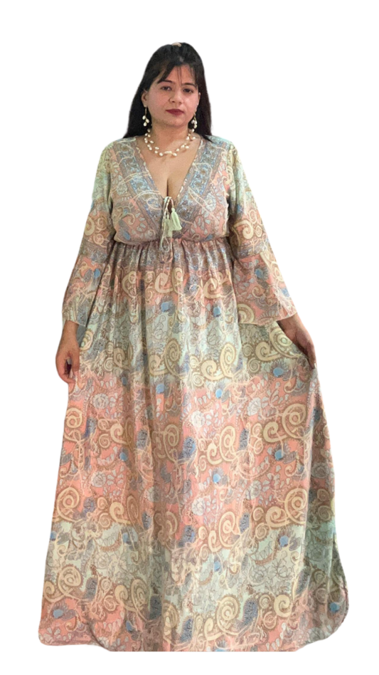 Ethereal Grace Silk Gown – Pastel Peach & Green with Shiny Jaipuri Print