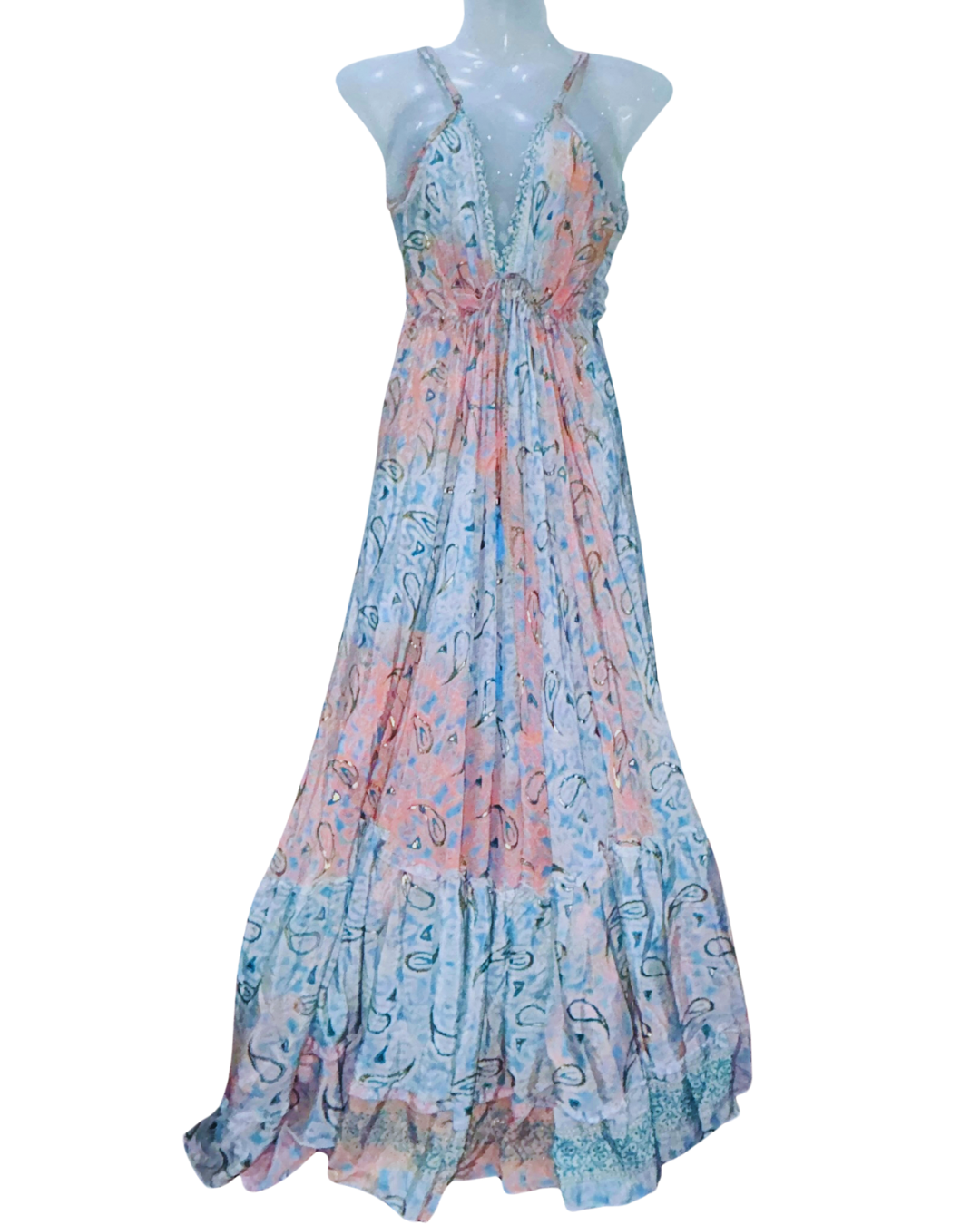 Pastel Coral & Sky Blue Printed Boho Maxi Dress