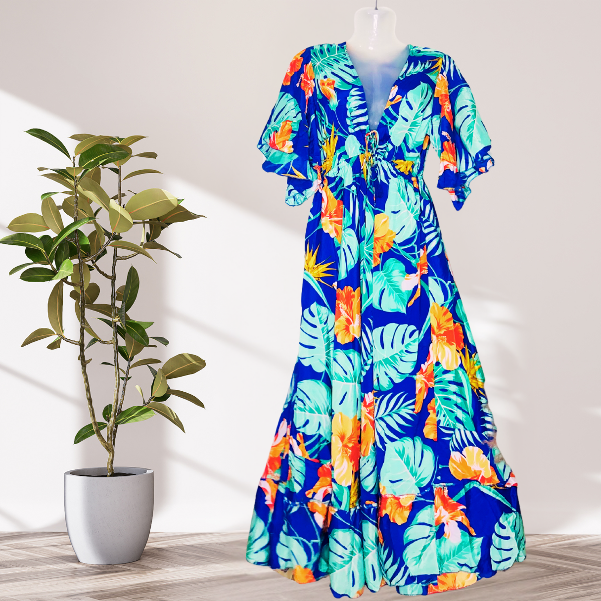 Hawaiian Breeze Silk Flare Kaftan – Dark Blue with blue Botanical Leaves & Pink Flowers