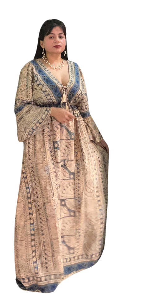 Regal Glow Silk Kaftan – Beige & Blue with Jaipuri Print & Dori Detail