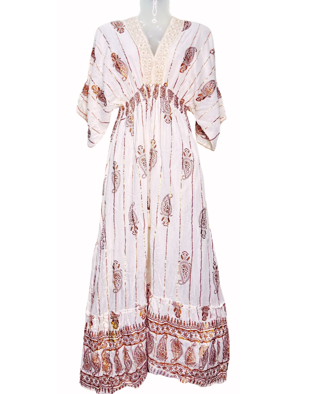Ivory Paisley Cotton Kaftan Gown with Inner Lining