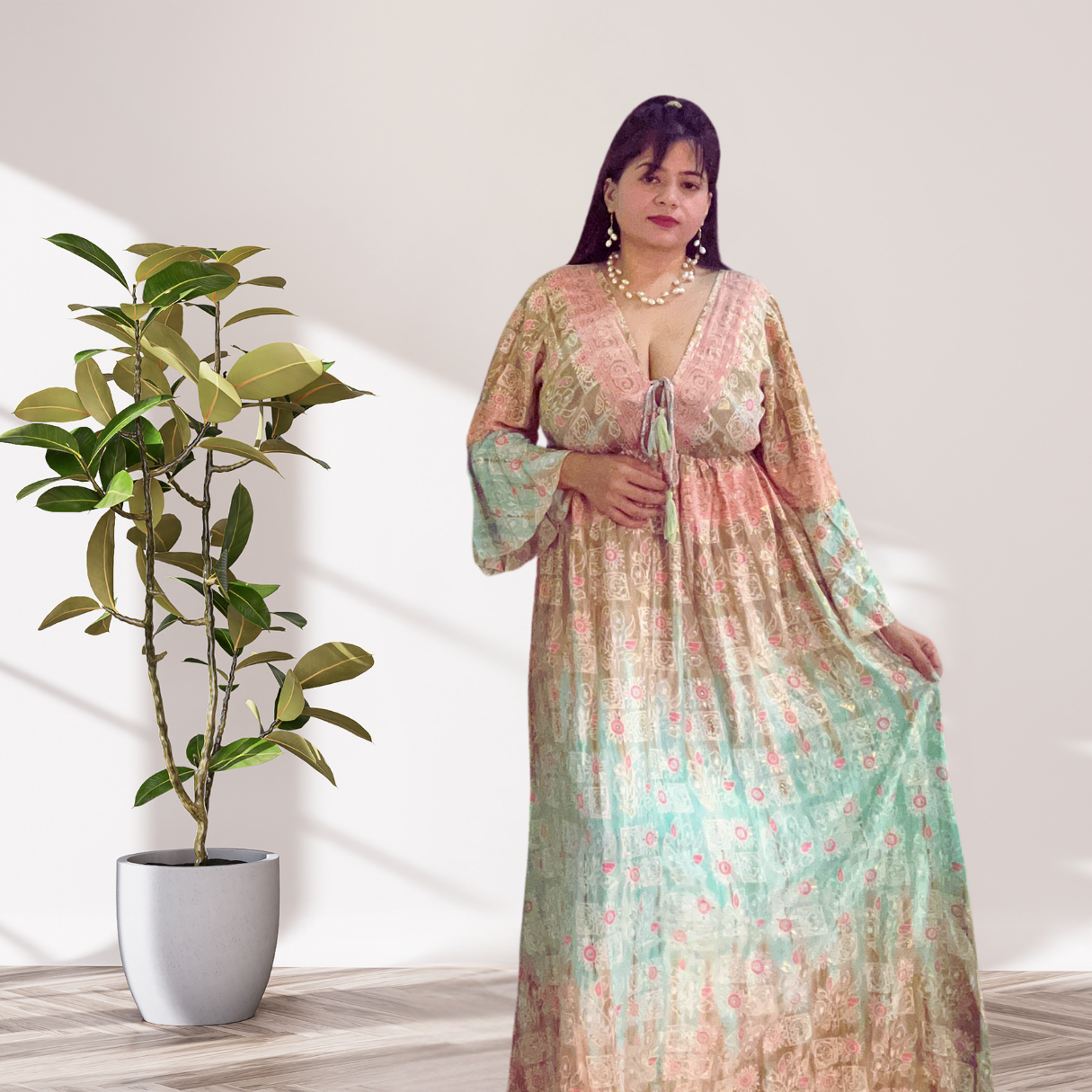 Sunset Mirage Long Silk Kaftan – Mixed Shades of Orange & Light Green