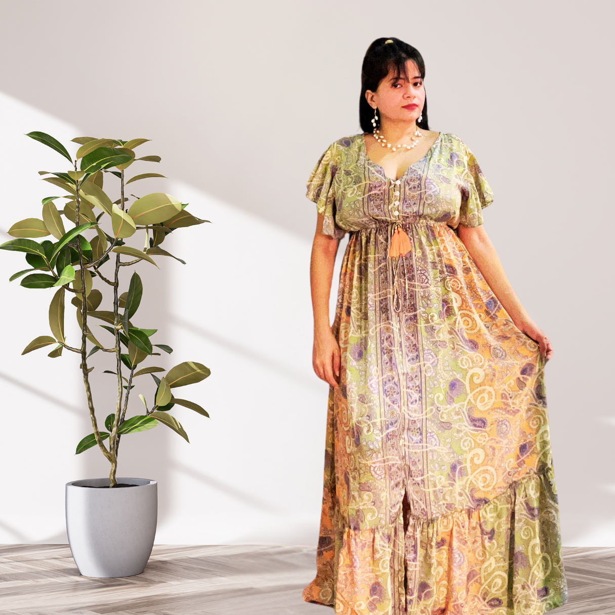 Golden Sunset Silk Gown – Green & Orange Paisley Print with Ruffled Sleeves
