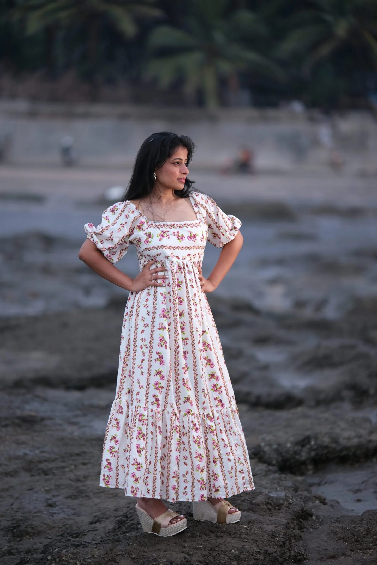 Red & Off-White Floral Tie-Up Regency Gown