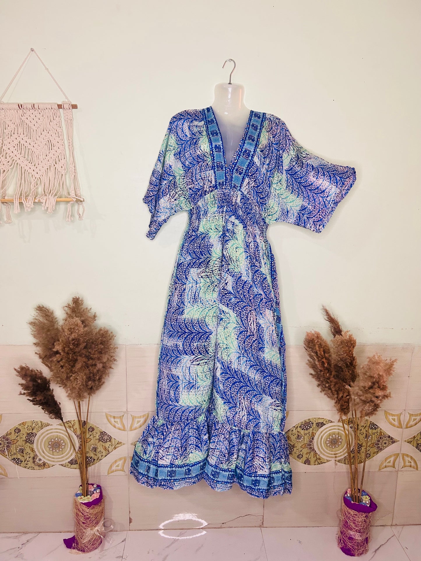 ππ Royal Blue & Light Green Asymmetric Print V-Neck Kaftan