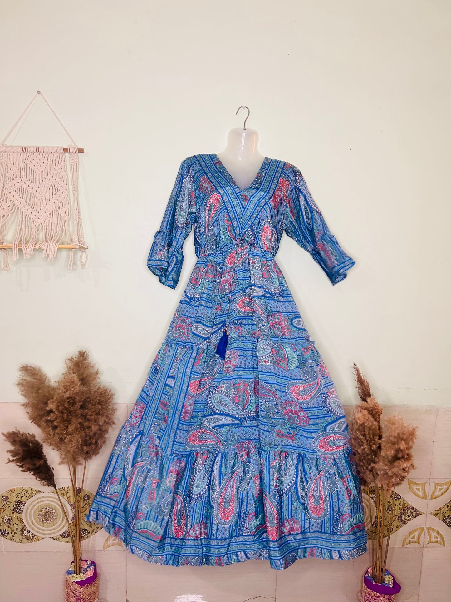 Serene Blossom Silk Kaftan – Blue with Pink Floral Print