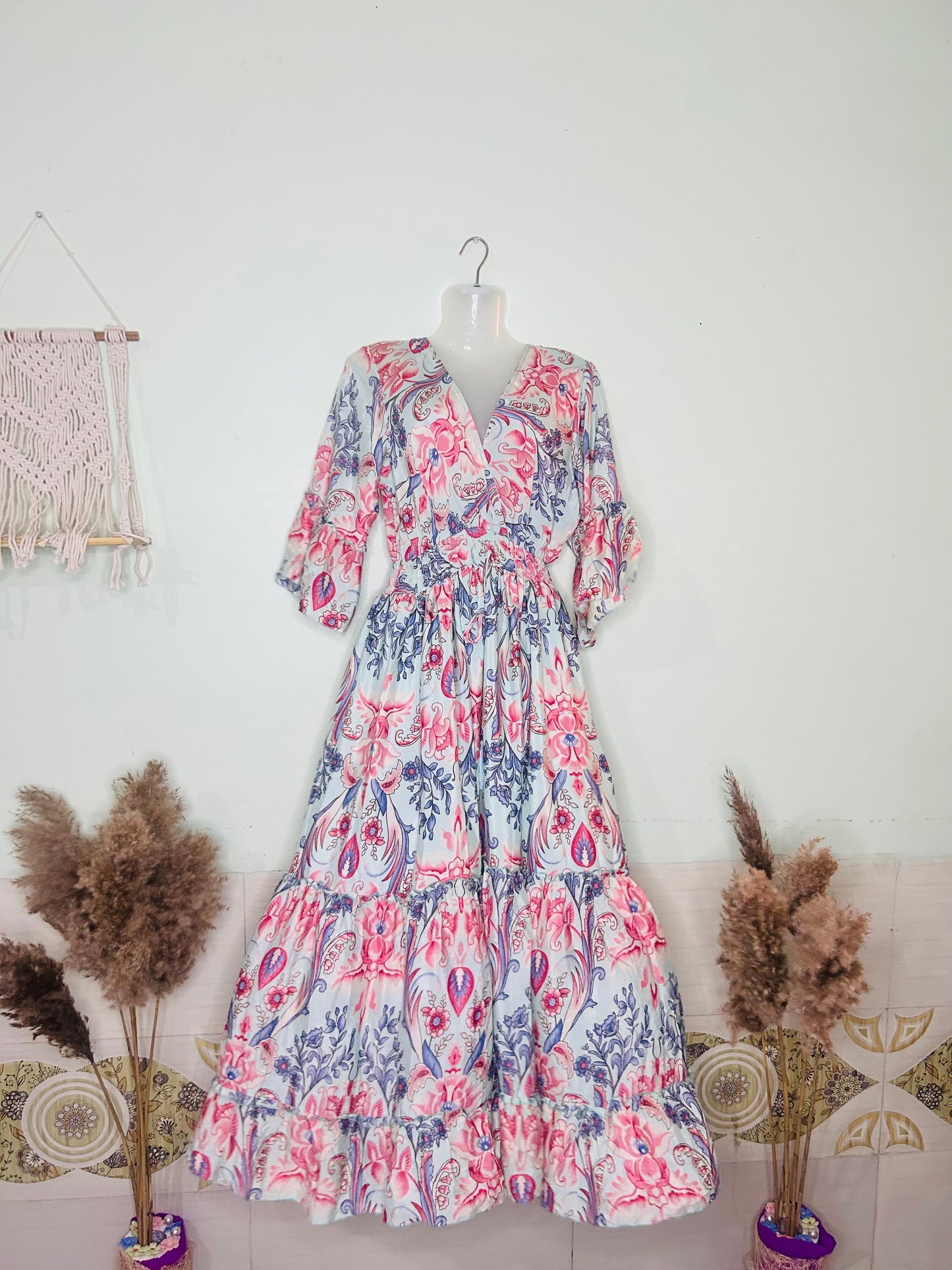 Elegant Bloom Silk Kaftan – White with Black & Red Floral Print