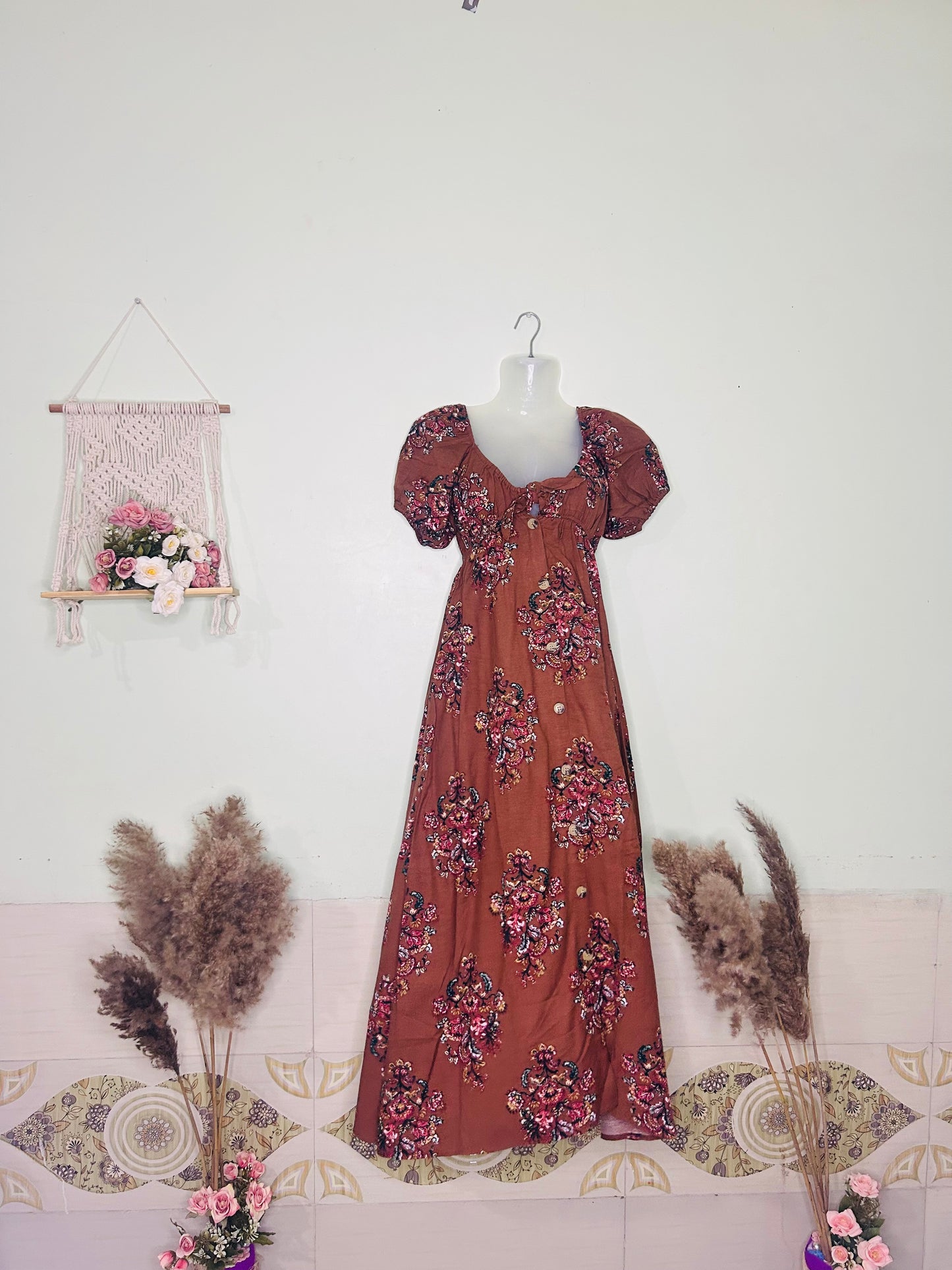 Autumn Bloom Cotton Button-Down Dress – Brown with Floral Bouquets & Chest Bow