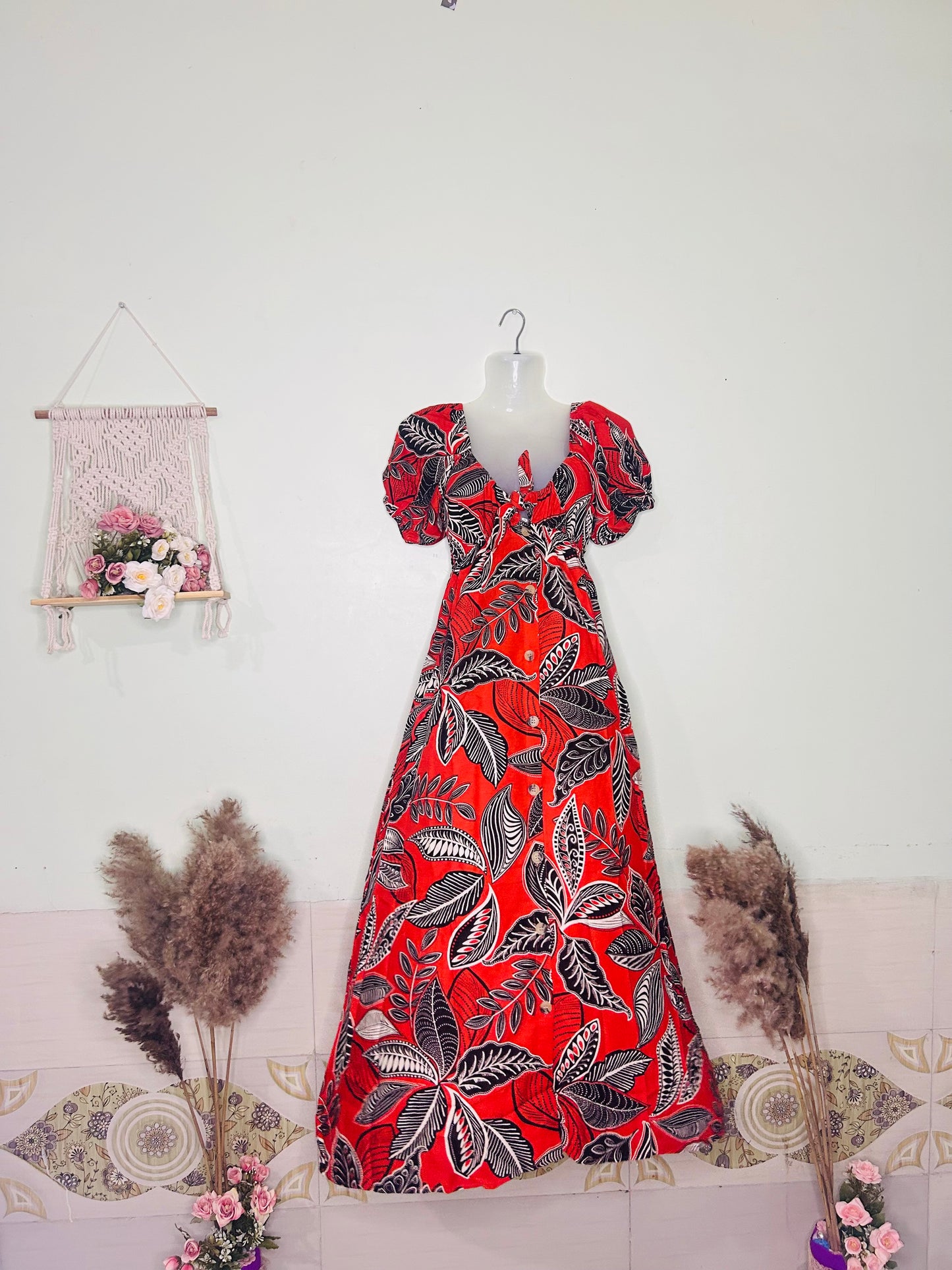 Sunset Bloom Cotton Dress – Orange with Black Leaves