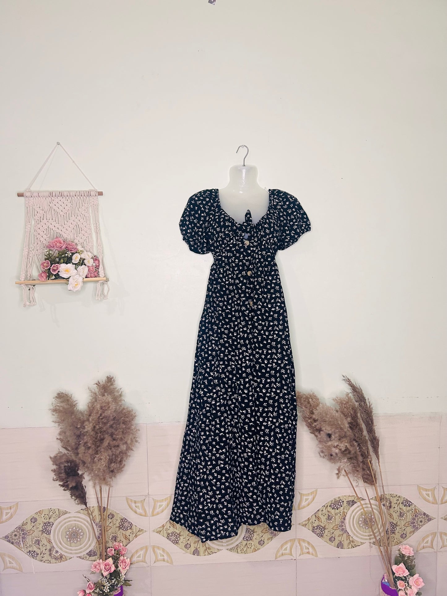 Breezy Blossom Cotton Dress – Black with White Flowers & Front Bow