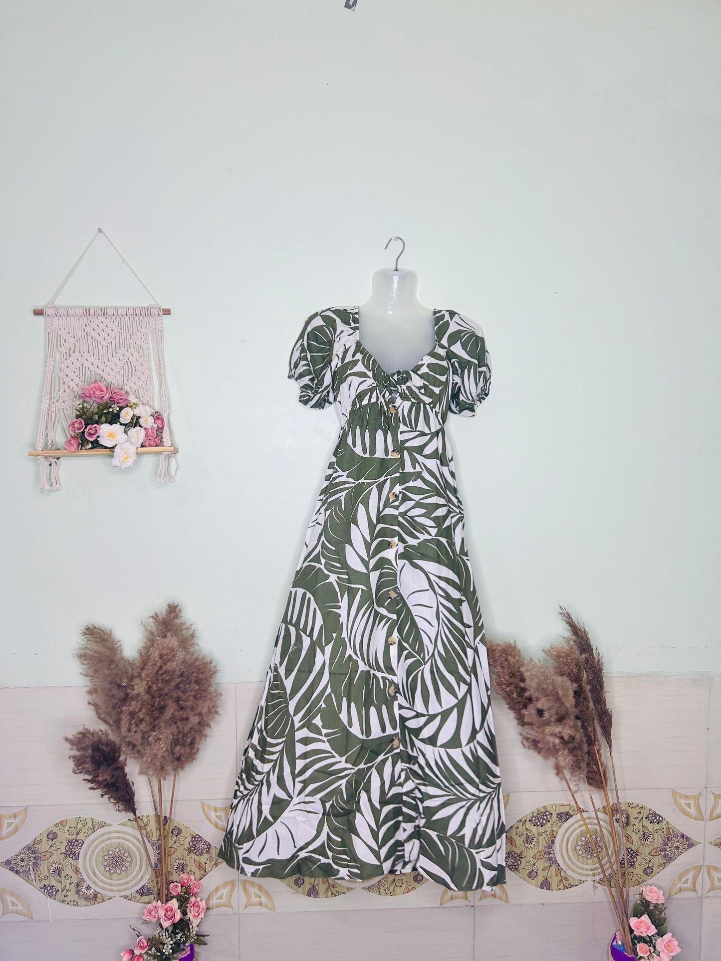 Botanic Bliss Cotton Button-Down Dress – White with Green Leaves